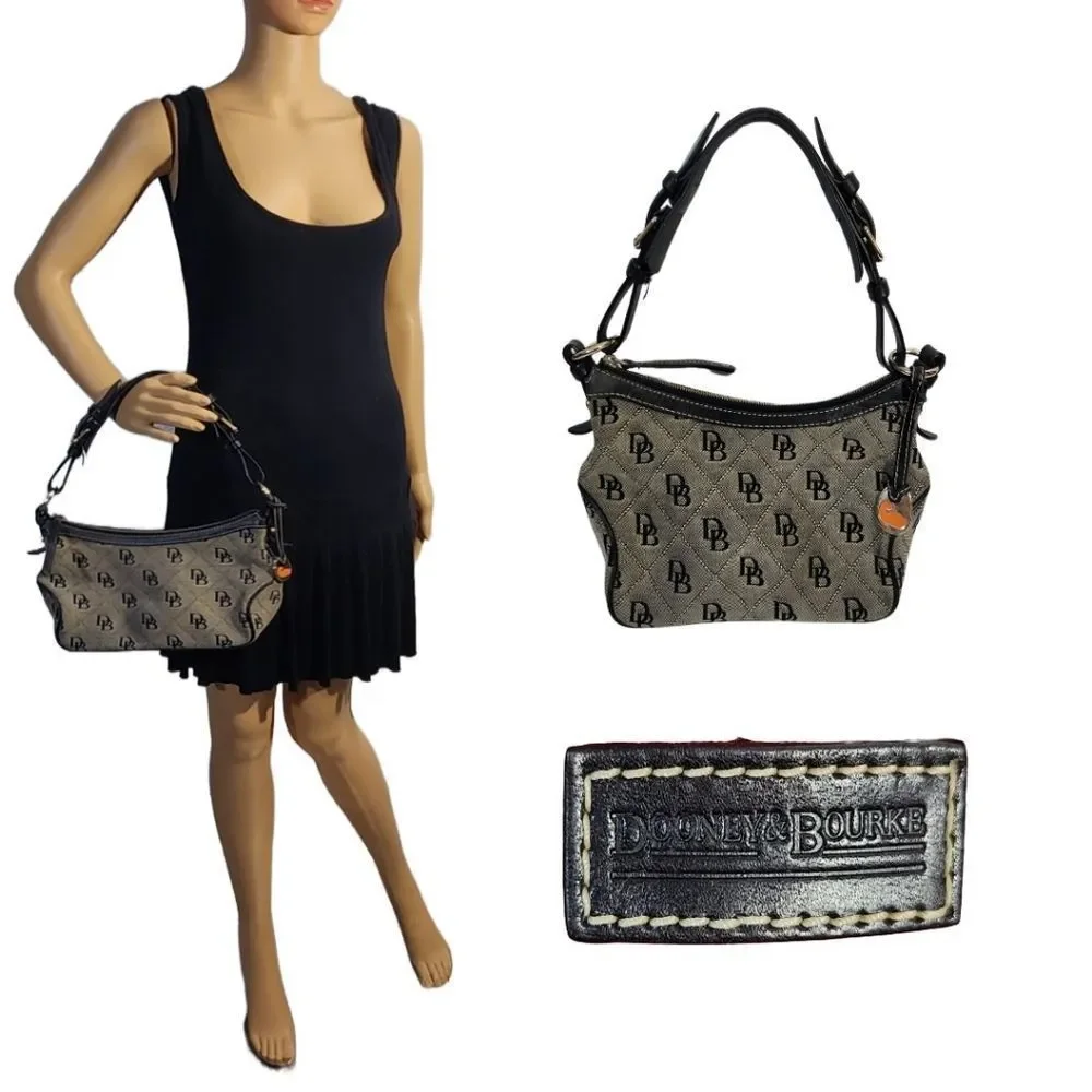 Dooney & Bourke leather canvas short handle logo DB print black grey denim Y2k